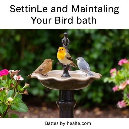 Decorative bird bath with blue tits bathing