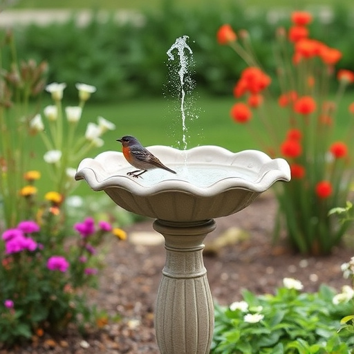 Decorative bird bath with blue tits bathing