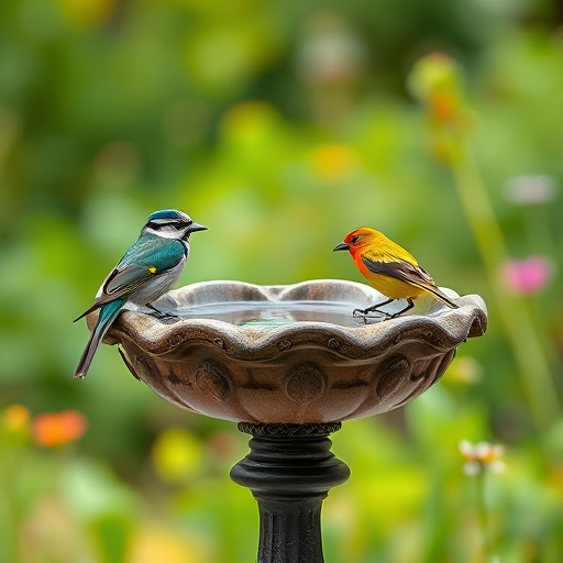 Decorative bird bath with blue tits bathing