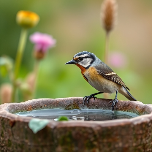 Decorative bird bath with blue tits bathing