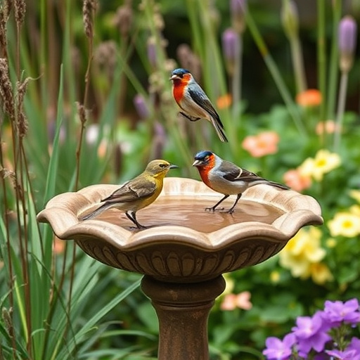 Decorative bird bath with blue tits bathing