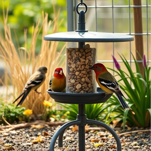 Decorative bird feeder standing in garden
