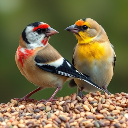 Finch flock gathered around seed station