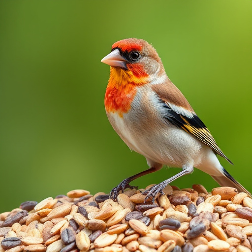 Finch flock gathered around seed station