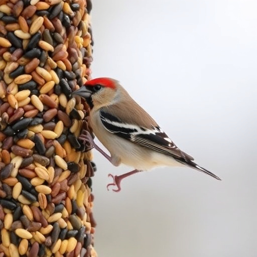 Finch on hanging feeder with tiny seeds