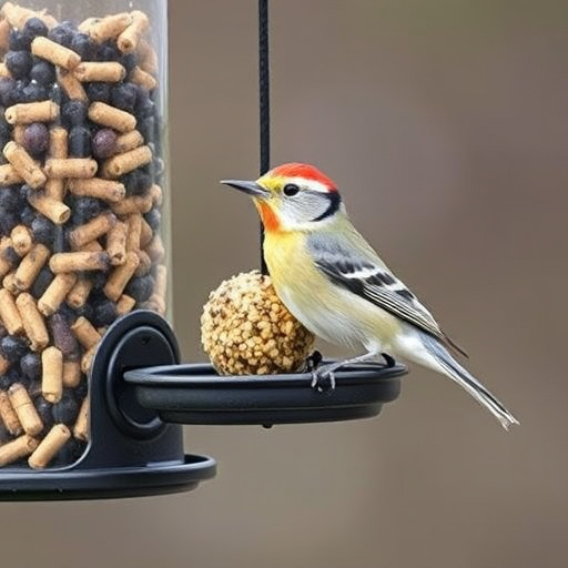 Frost-covered suet feeder in winter garden