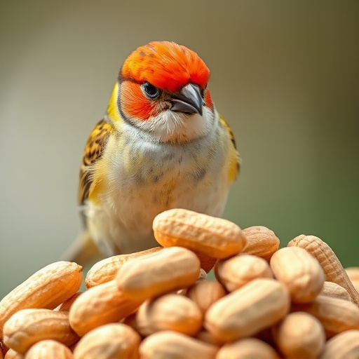 Garden bird pecking at hanging peanut feeder