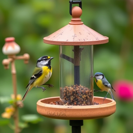 Garden birds feeding at feeder station