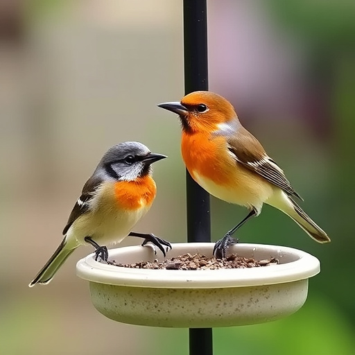 Garden birds feeding on chopped apple