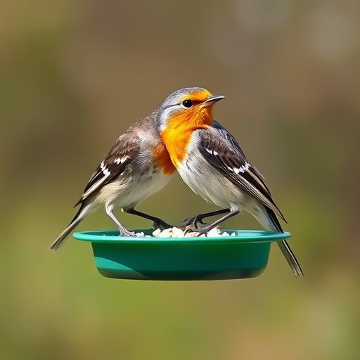 Garden birds gathered around peanut feeder