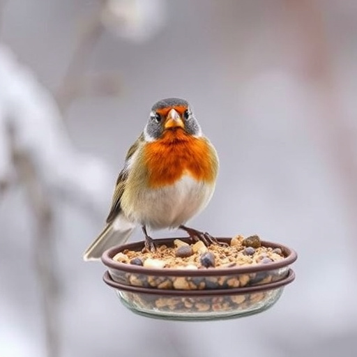 Garden birds gathered around peanut feeder