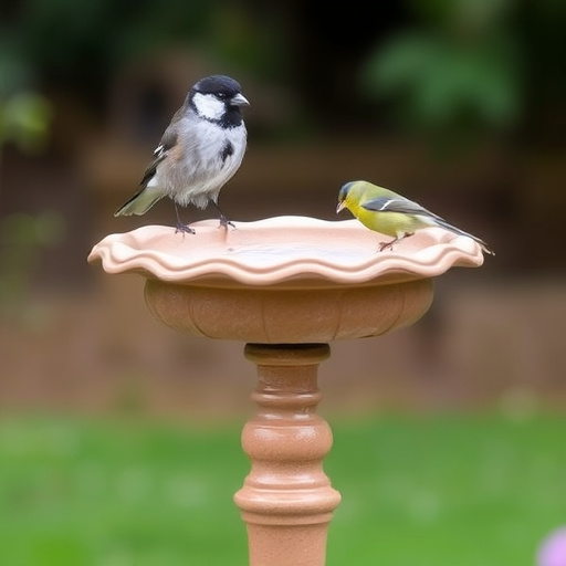 Garden robin perching on shallow bird bath