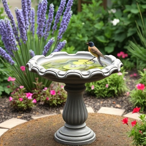 Garden robin perching on shallow bird bath