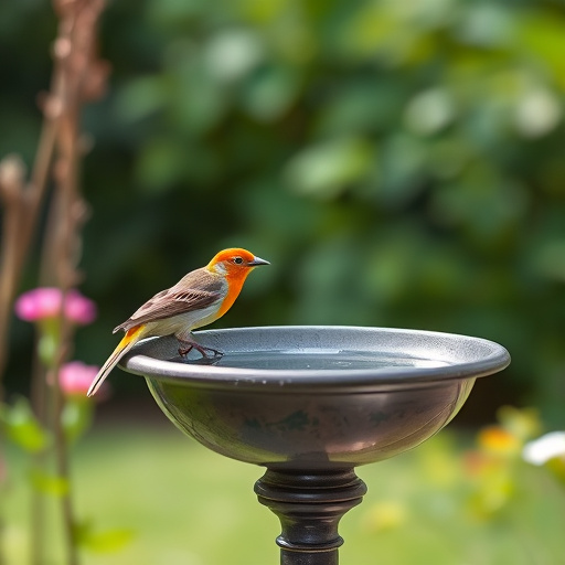 Garden robin perching on shallow bird bath