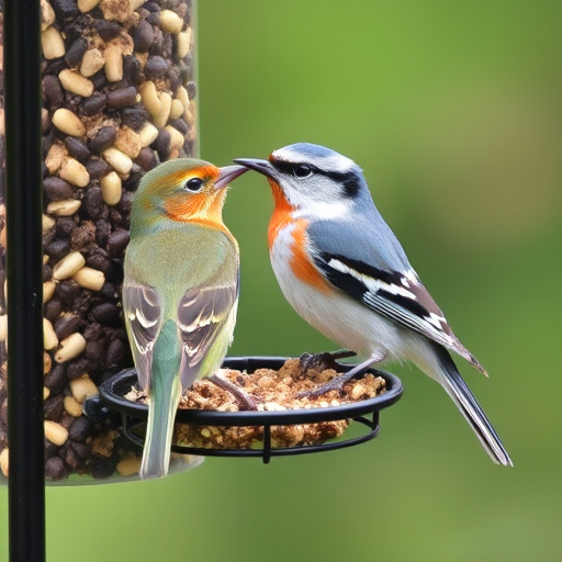 Garden scene with birds feeding suet