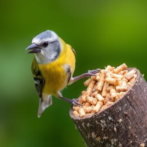 Garden scene with birds feeding suet