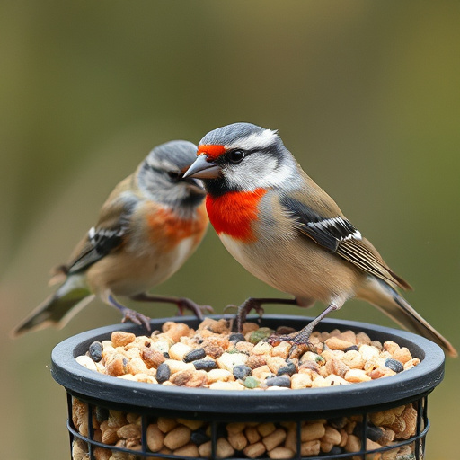 Garden scene with birds feeding suet