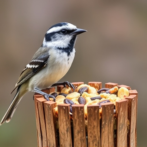 Garden scene with birds feeding suet