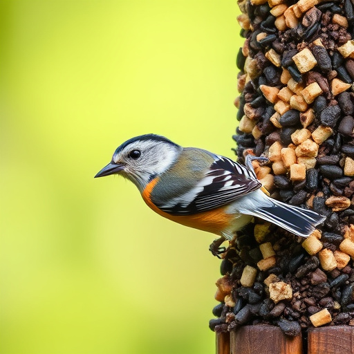 Garden scene with birds feeding suet