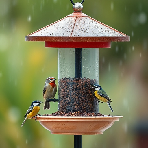 Garden sparrows eating from roofed dish