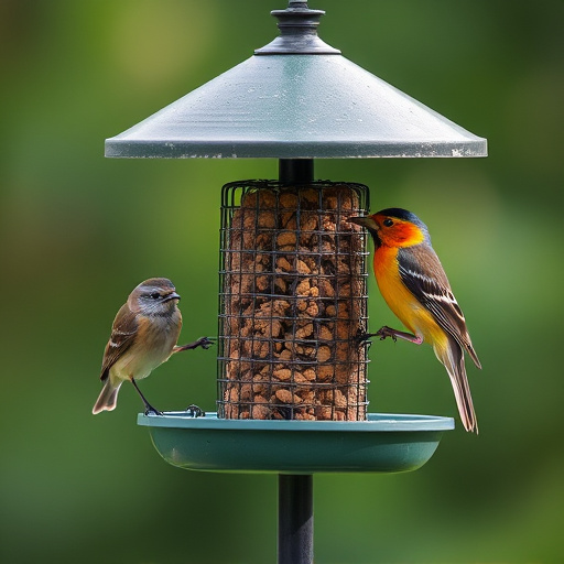 Garden sparrows eating from roofed dish
