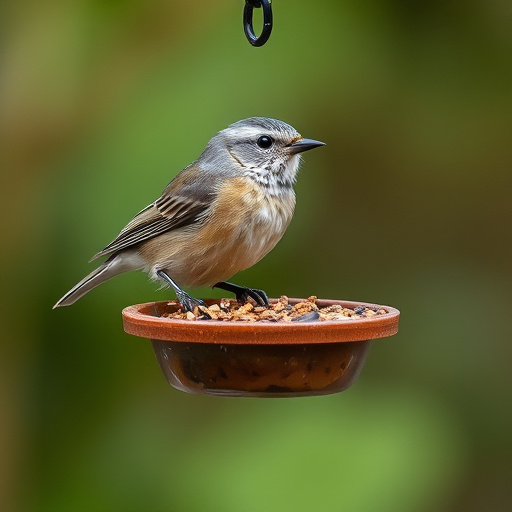 Garden sparrows eating from roofed dish
