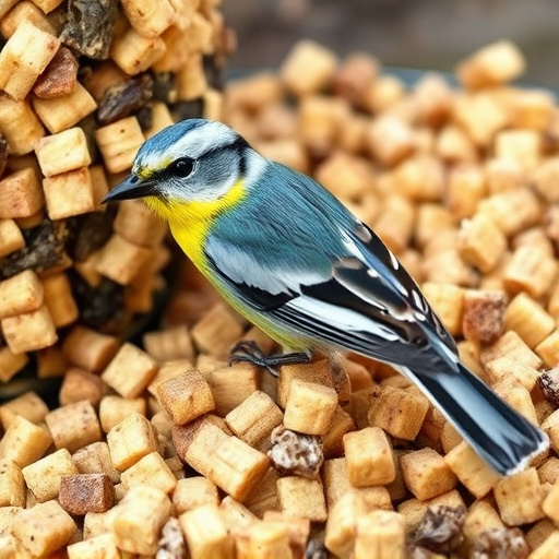 Great tit pecking at suet pellet block