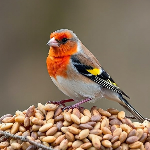 Greenfinch eating sunflower hearts at table