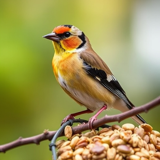 Greenfinch eating sunflower hearts at table