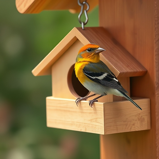 Handcrafted bird box with feeding hole