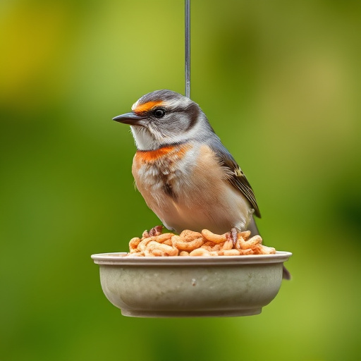 Hanging dish feeder attracting garden wrens