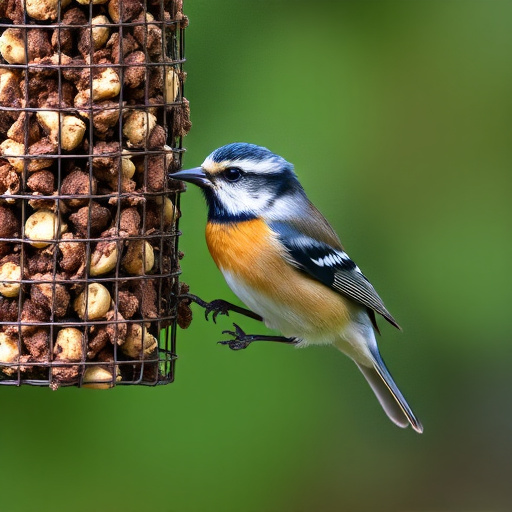 Hanging suet ball feeder in garden