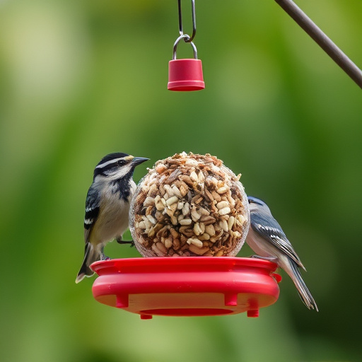 Mesh fat ball feeder with blue tits