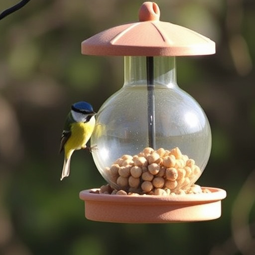 Mesh fat ball feeder with blue tits
