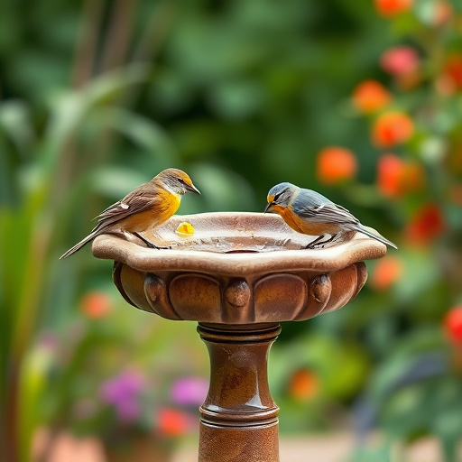 Metal bird bath under leafy tree canopy