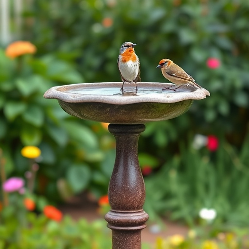 Metal bird bath under leafy tree canopy