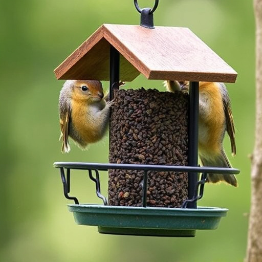 Metal squirrel-proof bird feeder hanging outdoors