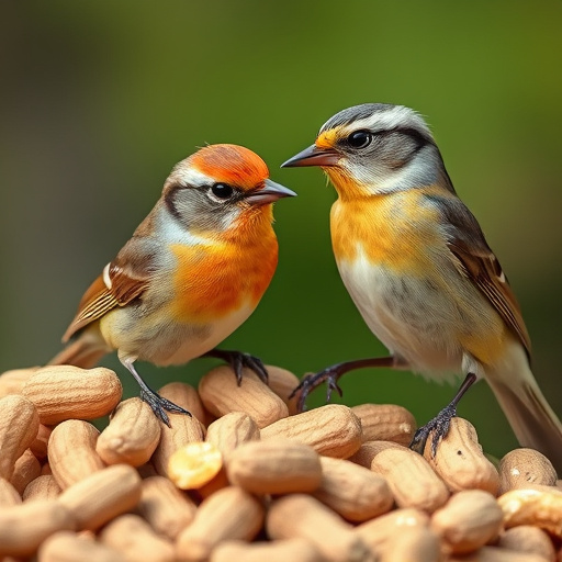 Mixed garden birds eating from peanut feeder