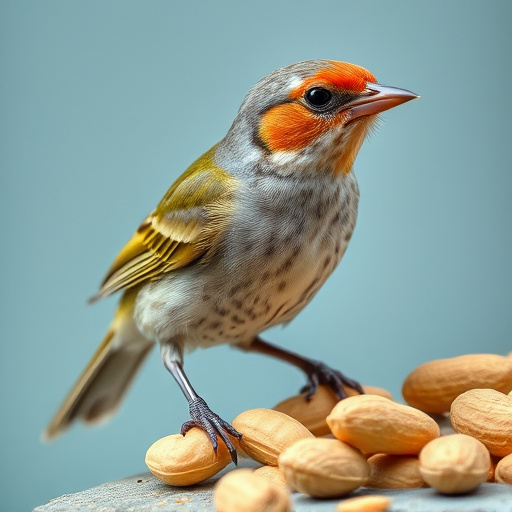 Mixed garden birds eating from peanut feeder