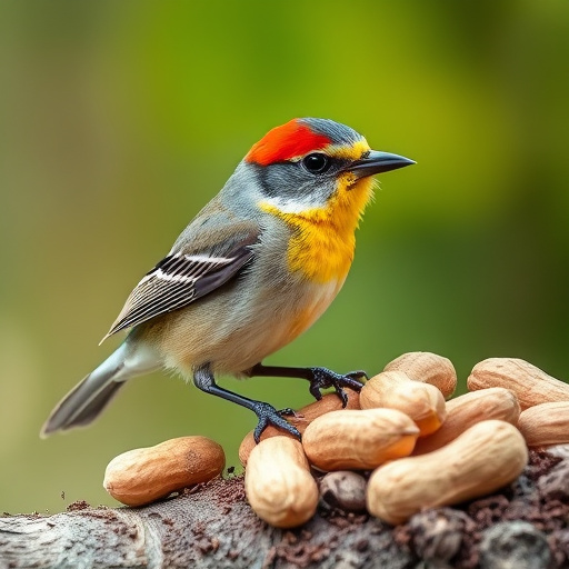 Mixed garden birds eating from peanut feeder