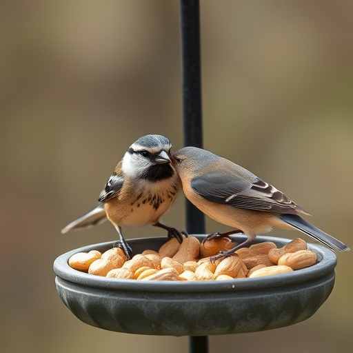 Mixed garden birds eating from peanut feeder
