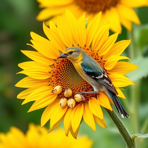 Mixed garden birds feeding together