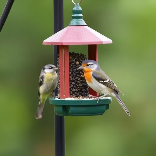 Multi-level bird feeding station in garden