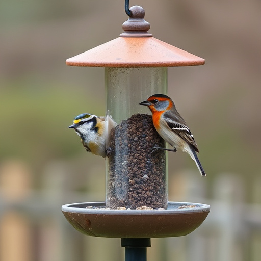 Multi-level bird feeding station in garden