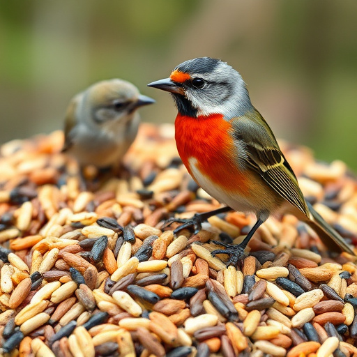 Outdoor scene with feeders and seed bags