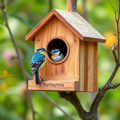 Painted birdhouse hanging in garden