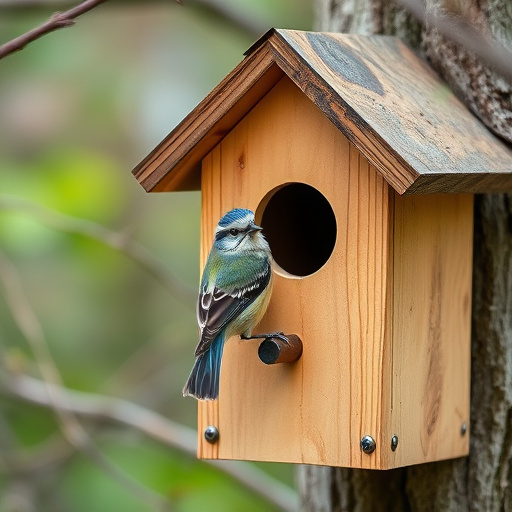 Painted birdhouse hanging in garden