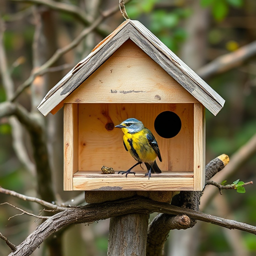 Painted birdhouse hanging in garden
