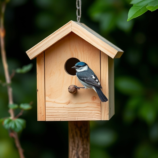 Painted birdhouse hanging in garden