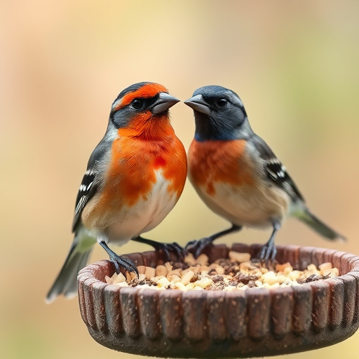 Peanut feeder surrounded by winter garden scenery